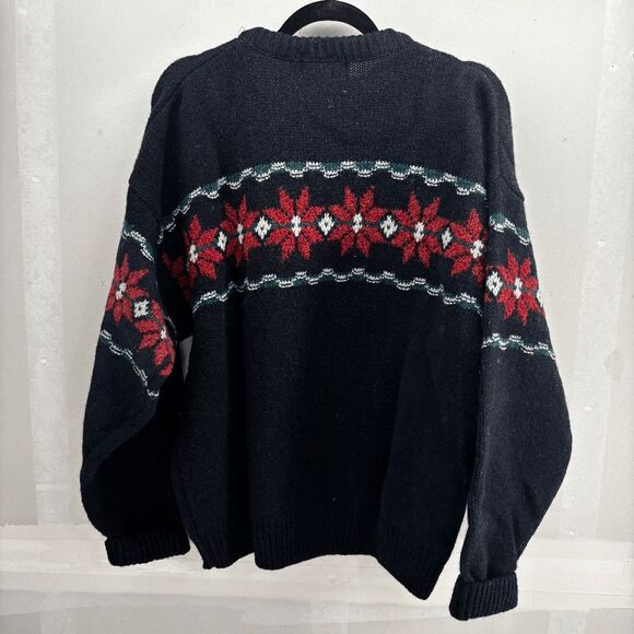 Vintage Eddie Bauer Christmas Poinsettia Made USA Mens L Black Red Wool Sweater - Picture 3 of 4